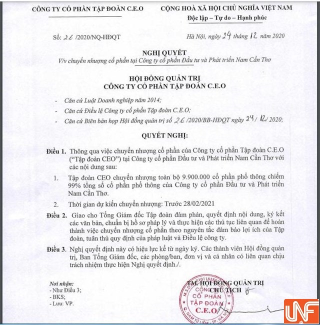 Theo Nghị quyết vừa được HĐQT th&ocirc;ng qua, CEO Group sẽ tho&aacute;i to&agrave;n bộ phần vốn g&oacute;p tại CTCP Đầu tư v&agrave; Ph&aacute;t triển Nam Cần Thơ. &nbsp;
