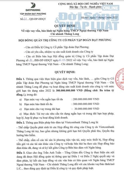 Đạt Phương vay vốn, bảo l&atilde;nh tại Ng&acirc;n h&agrave;ng Vietcombank &ndash; CN Thăng Long với mức giới hạn t&iacute;n dụng l&agrave; 300 tỷ đồng.