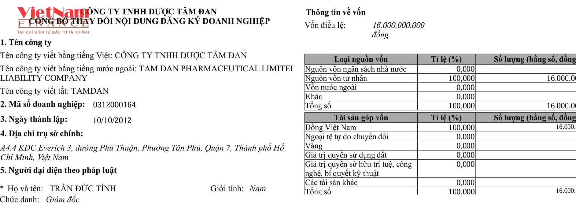 Dược T&acirc;m Đan th&agrave;nh lập năm 2012, đăng k&yacute; trụ sở tại TP. Hồ Ch&iacute; Minh, vốn điều lệ 16 tỷ đồng.