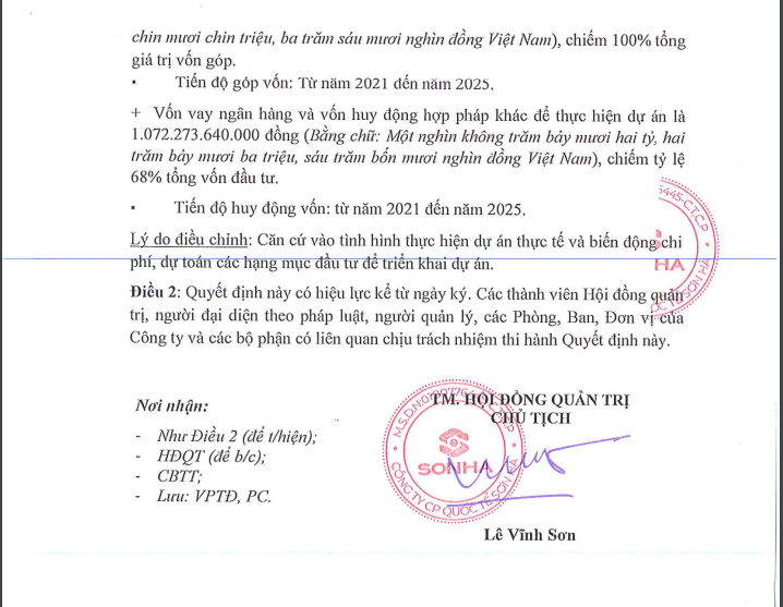 Th&ocirc;ng tin chi tiết về việc điều chỉnh tăng vốn dự &aacute;n KCN Tam Dương của Quốc Tế Sơn H&agrave;. Nguồn: SHI