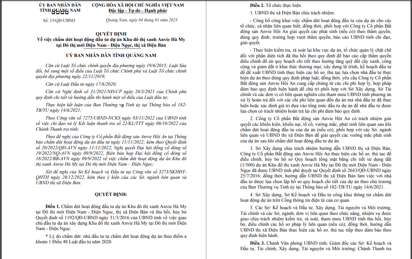 Quyết định chấm dứt hoạt động đầu tư dự &aacute;n Khu đ&ocirc; thị xanh Anvie H&agrave; My của UBND tỉnh Quảng Nam.
