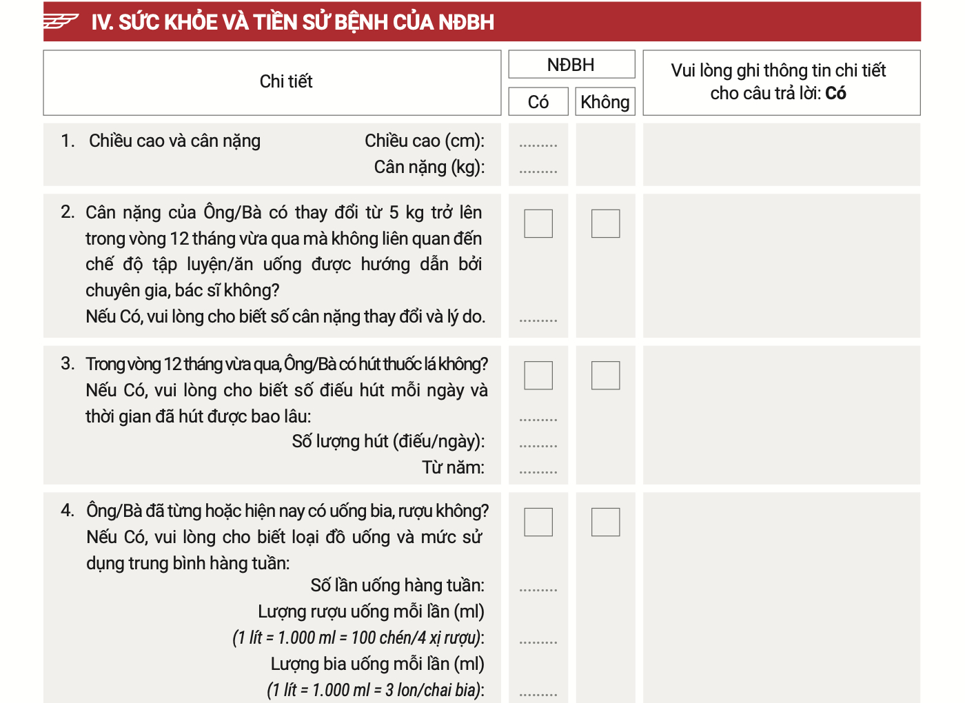Bảng k&ecirc; khai t&igrave;nh trạng sức khoẻ cho người mua của một DNBH