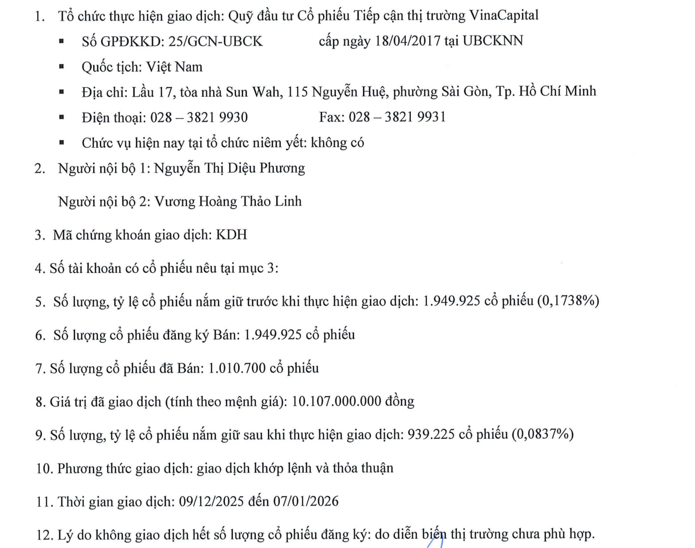 B&aacute;o c&aacute;o kết quả giao dịch cổ phiếu KDH của VinaCapital