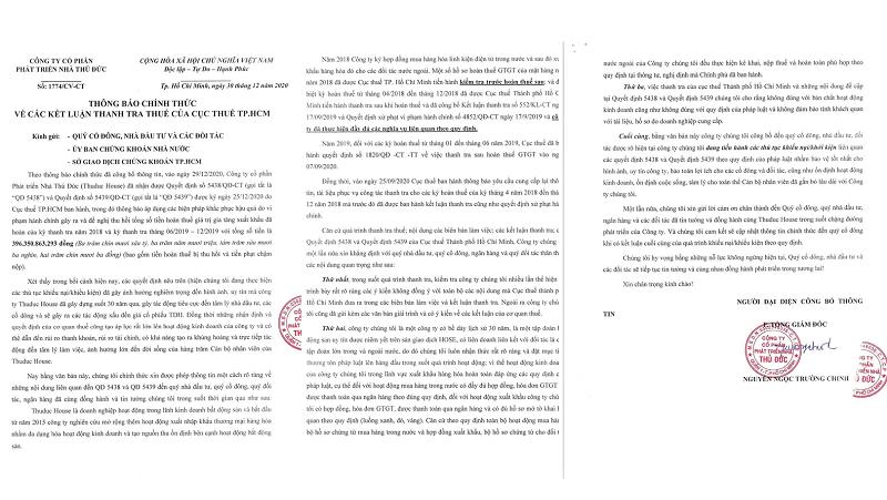Trong bản c&ocirc;ng bố th&ocirc;ng tin ng&agrave;y 30/12/2020, Thuduc House tuy&ecirc;n bố khởi kiện 2 quyết định của Ccụ thuế TP HCM.
