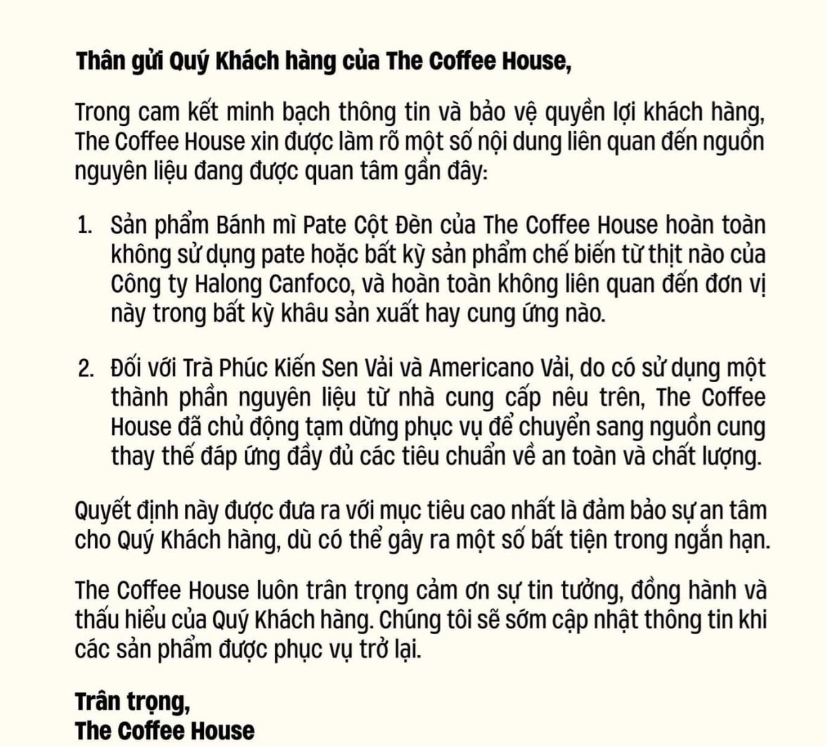 Th&ocirc;ng b&aacute;o tạm ngừng sản phẩm c&oacute; li&ecirc;n quan Đồ hộp Hạ Long cung cấp của The Coffee House