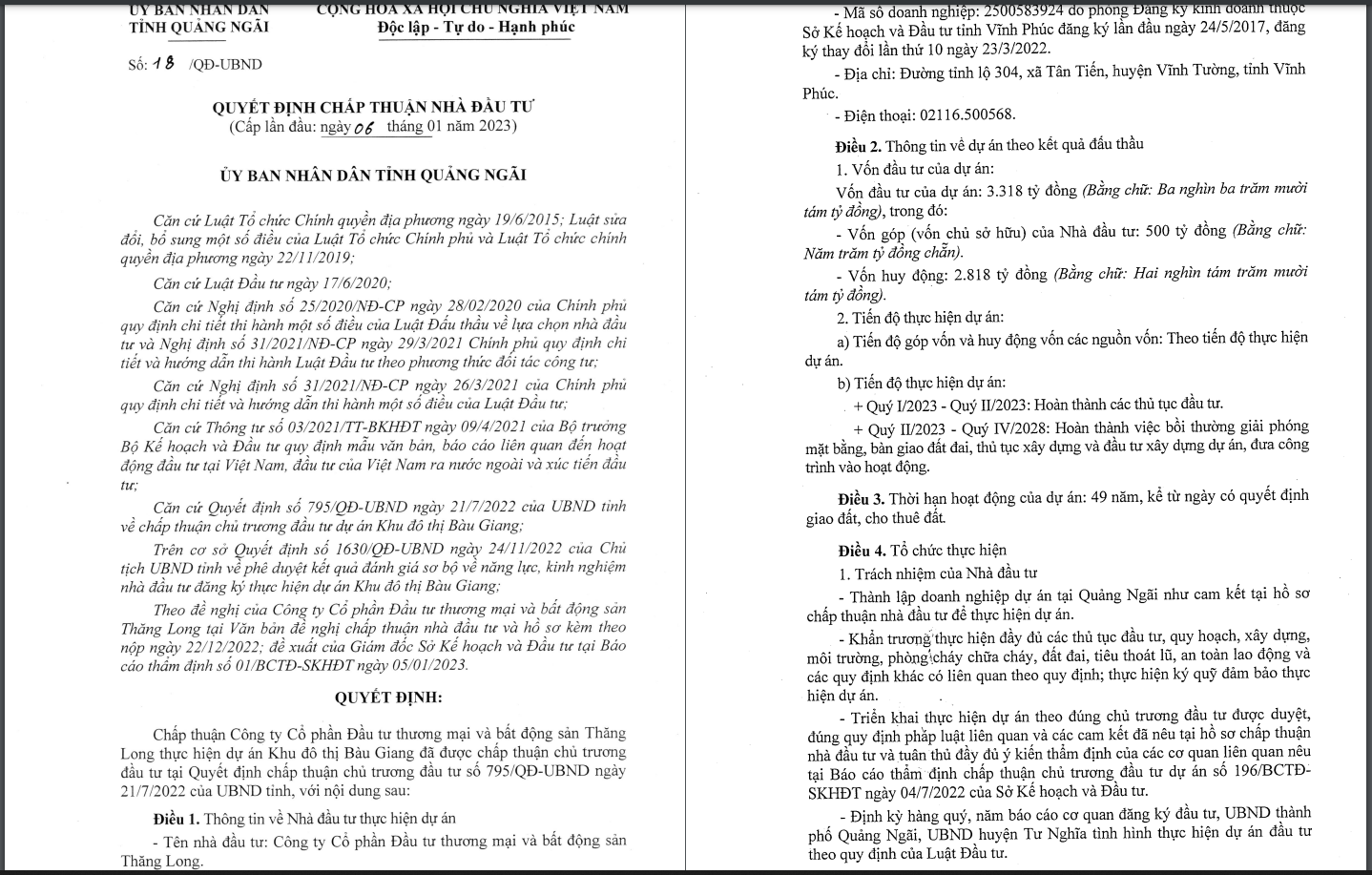 Quyết định số 18/QĐ-UBND về việc chấp thuận nh&agrave; đầu tư dự &aacute;n Khu đ&ocirc; thị B&agrave;u Giang của UBND tỉnh Quảng Ng&atilde;i.