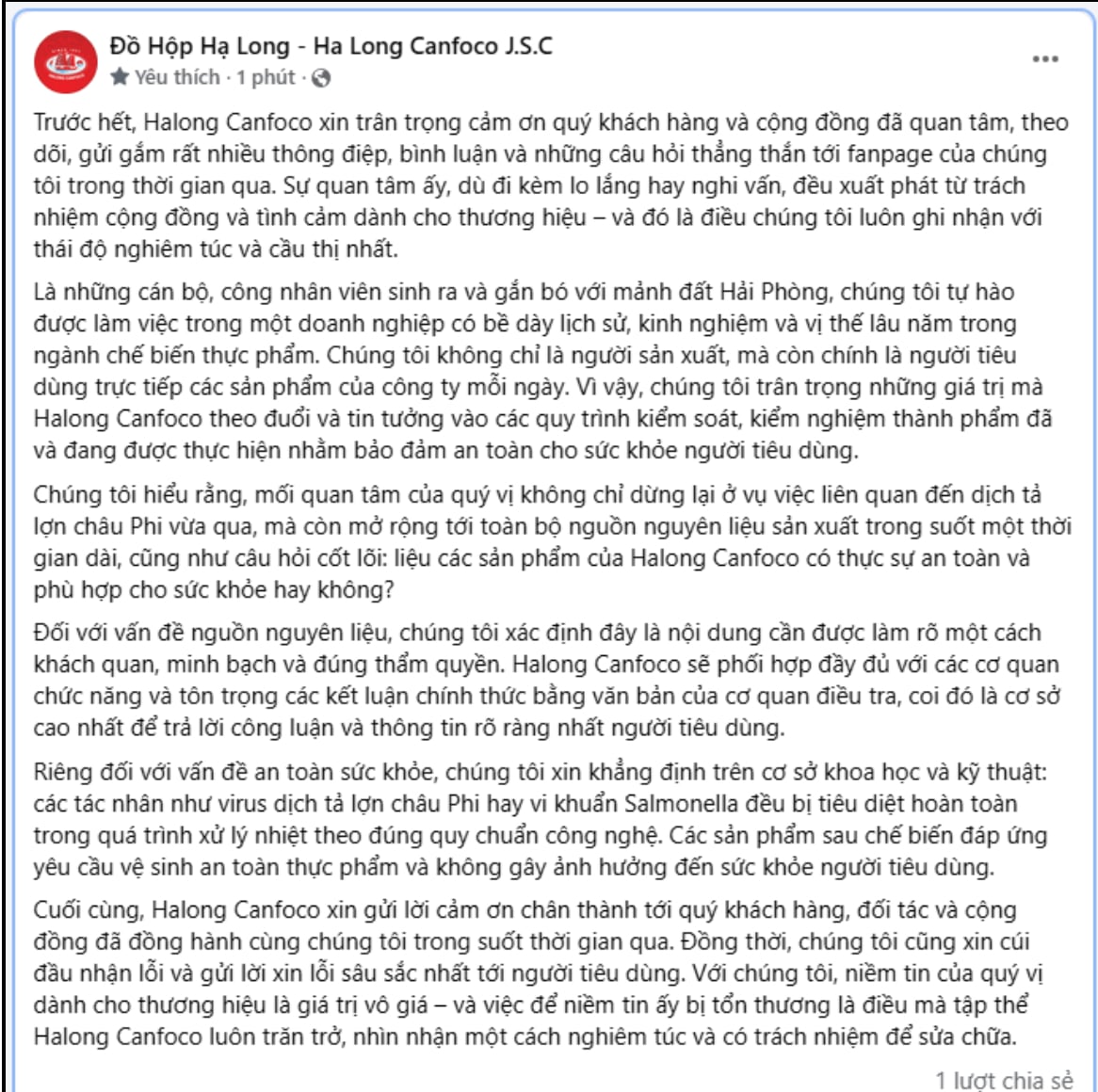 B&agrave;i đăng tr&ecirc;n t&agrave;i khoản ch&iacute;nh thức của C&ocirc;ng ty cổ phần Đồ hộp Hạ Long (Ảnh chụp m&agrave;n h&igrave;nh)