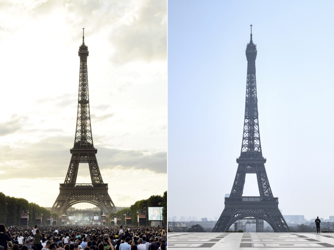 Hình ảnh đối ngược tại tháp Eiffel trước và trong đại dịch. Ảnh: Observer. Hình ảnh đối ngược tại tháp Eiffel trước và trong đại dịch. Ảnh: Observer.