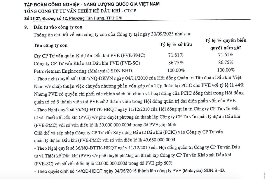 Th&ocirc;ng tin về c&aacute;c c&ocirc;ng ty con của PVE. Ảnh chụp m&agrave;n h&igrave;nh.&nbsp;