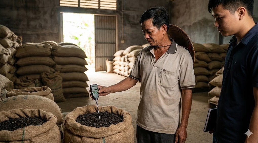 Thương l&aacute;i kiểm tra độ ẩm hạt ti&ecirc;u tại kho trước khi chốt gi&aacute; thu mua s&aacute;ng 19/1 - Ảnh minh họa