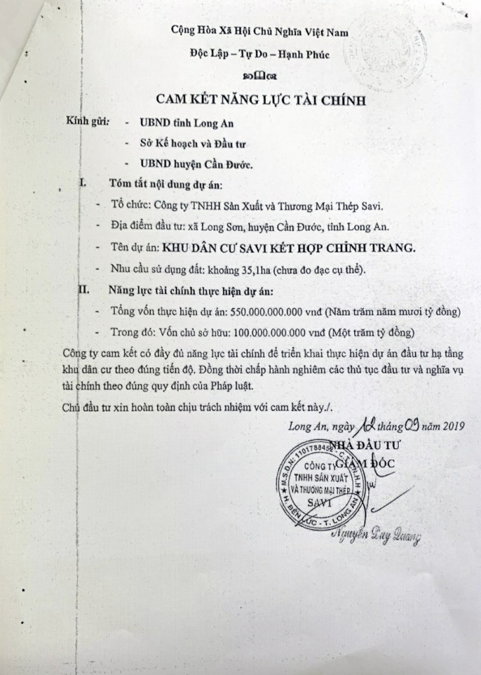 UBND tỉnh Long An chấp thuận chủ trương đầu tư cho doanh nghiệp chỉ dựa v&agrave;o bản tự cam kết năng lực t&agrave;i ch&iacute;nh?