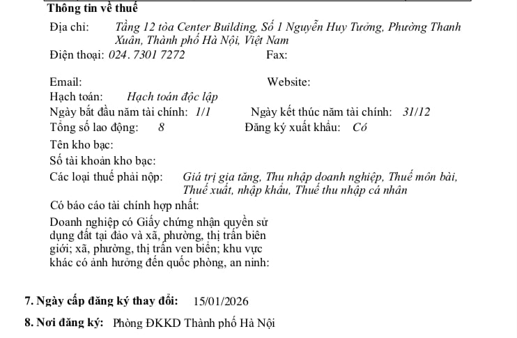 Tại ng&agrave;y 15/1/2026, c&ocirc;ng ty c&oacute; tổng số lao động theo đăng k&yacute; thuế l&agrave; 8 người.&nbsp;