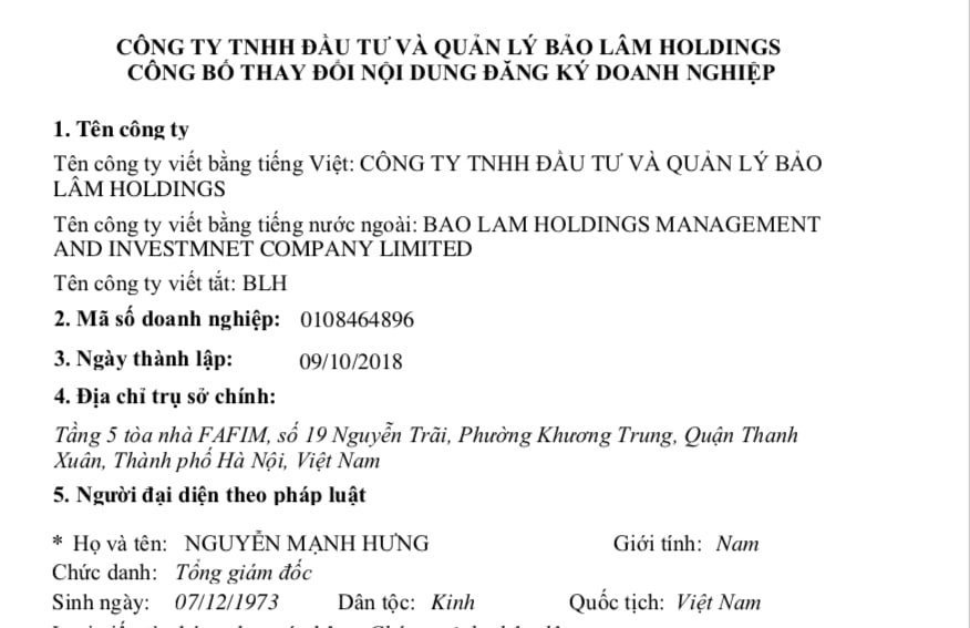 C&ocirc;ng ty TNHH Đầu tư v&agrave; quản l&yacute; Bảo L&acirc;m Holdings được th&agrave;nh lập ng&agrave;y 9/10/2018.