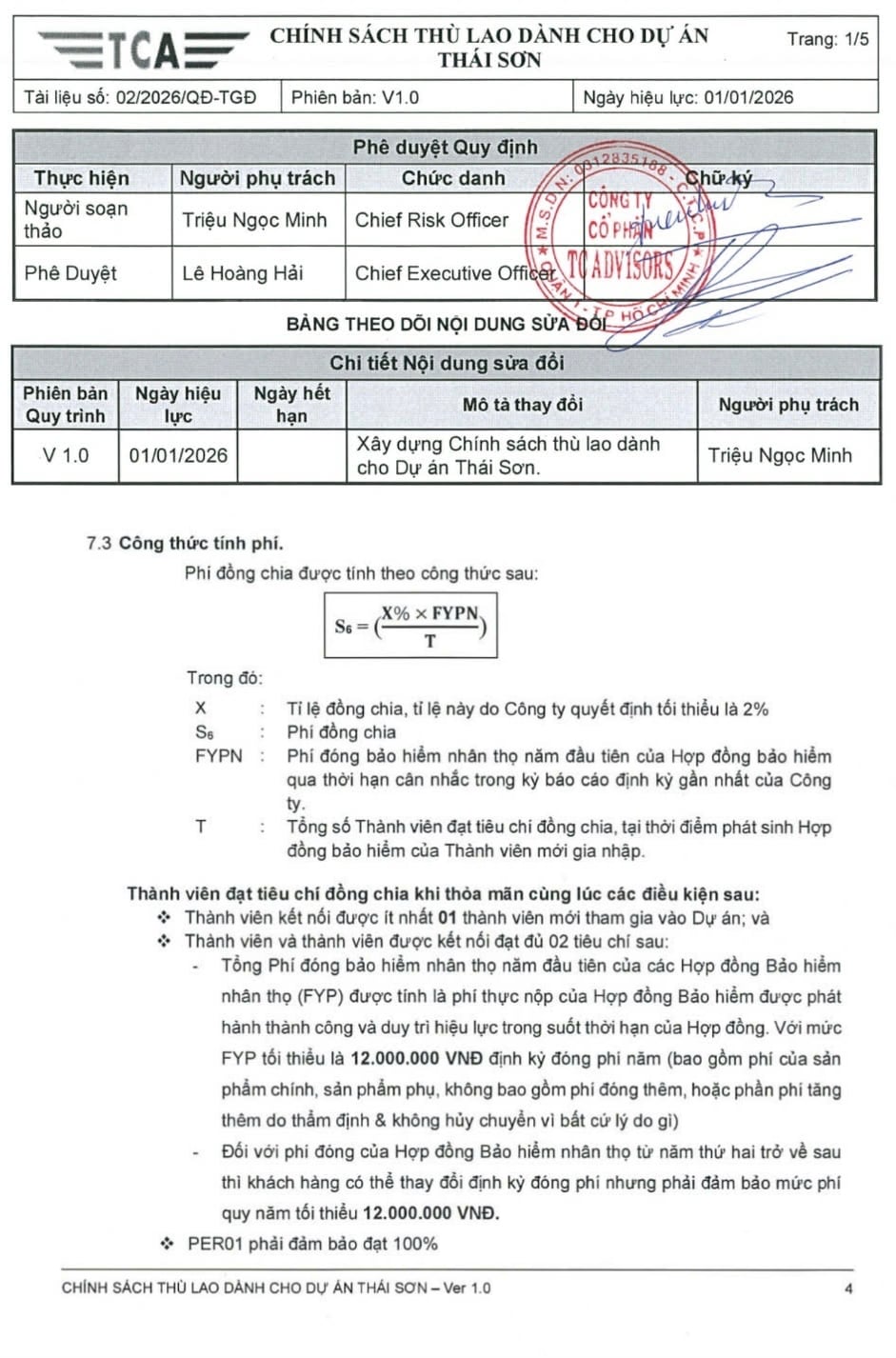 Ch&iacute;nh s&aacute;ch th&ugrave; lao d&agrave;nh cho dự &aacute;n Th&aacute;i Sơn TCA kh&ocirc;ng c&oacute; bất kỳ từ ngữ n&agrave;o nhắc đến người tham gia được hưởng đồng chia "trọn đời".