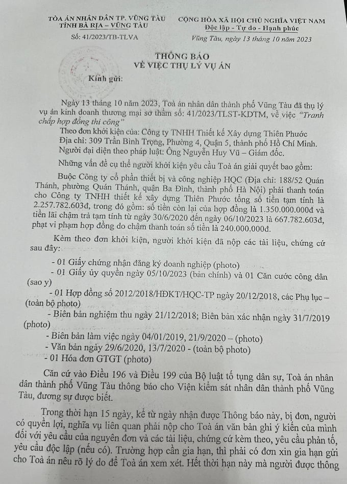 Th&ocirc;ng b&aacute;o về việc thu l&yacute; vụ &aacute;n của To&agrave; &aacute;n nh&acirc;n d&acirc;n Tp.Vũng T&agrave;u