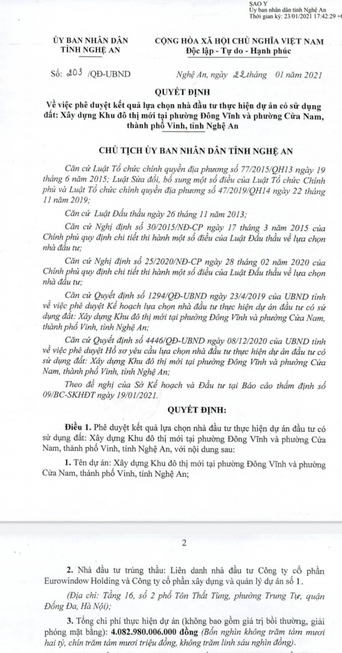 Quyết định về việc ph&ecirc; duyệt kết quả lựa chọn nh&agrave; đầu tư dự &aacute;n khu đ&ocirc; thị mới tại phường Đ&ocirc;ng Vĩnh v&agrave; phường Cửa Nam, TP Vinh (Nghệ An).