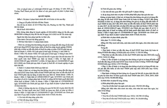 Gỗ Đức Th&agrave;nh bị phạt, truy thu hơn 408 triệu đồng tiền thuế.