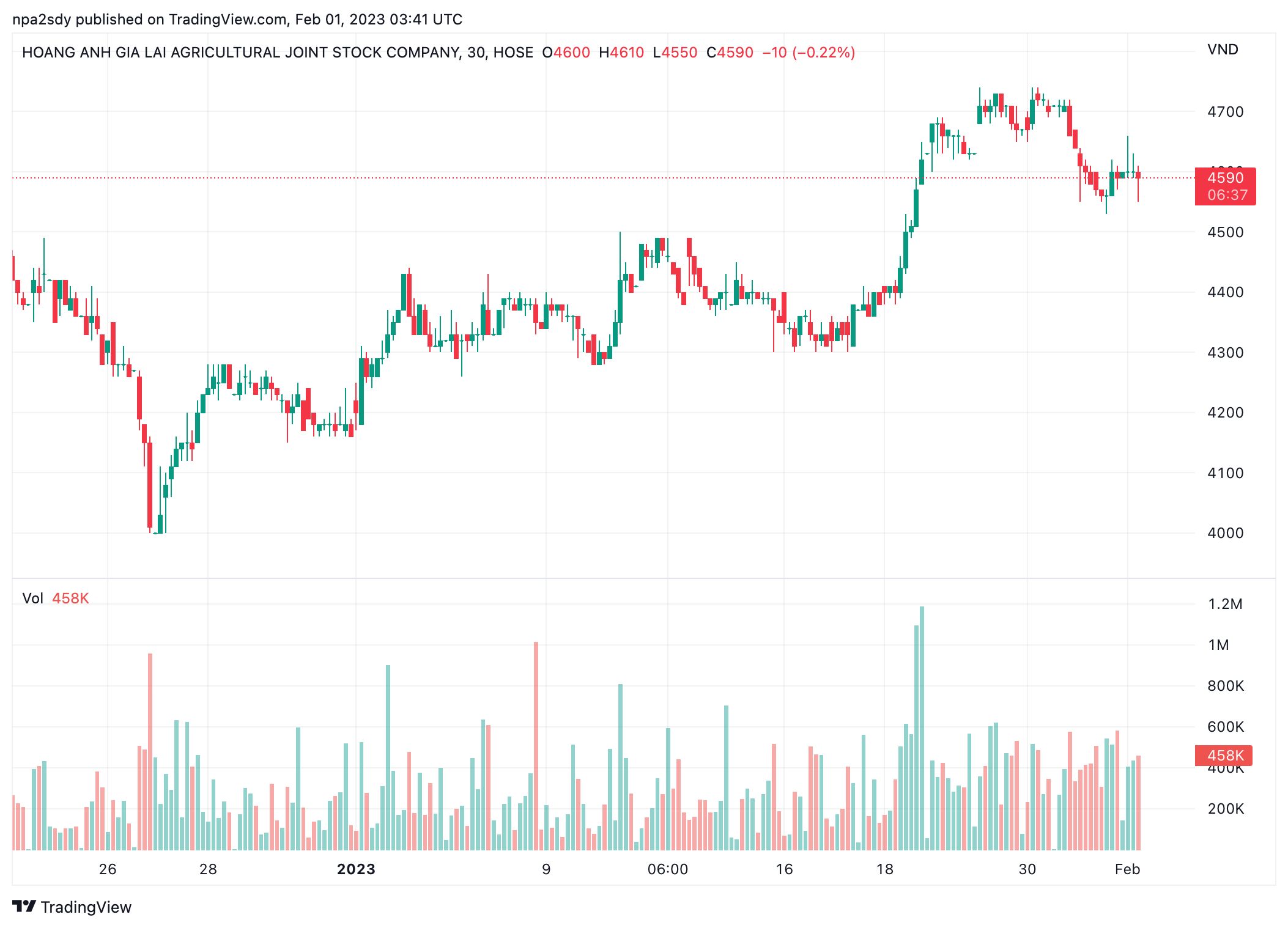 Tại phi&ecirc;n giao dịch ng&agrave;y 1/2, cổ phiếu HNG đang giao dịch quanh v&ugrave;ng gi&aacute; 4.590 đồng/cổ phiếu.