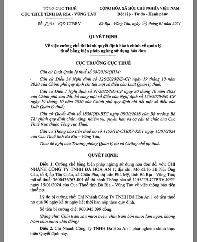 Cưỡng chế thuế Chi nh&aacute;nh C&ocirc;ng ty Đ&aacute; H&oacute;a An 1 hơn 900 triệu đồng.