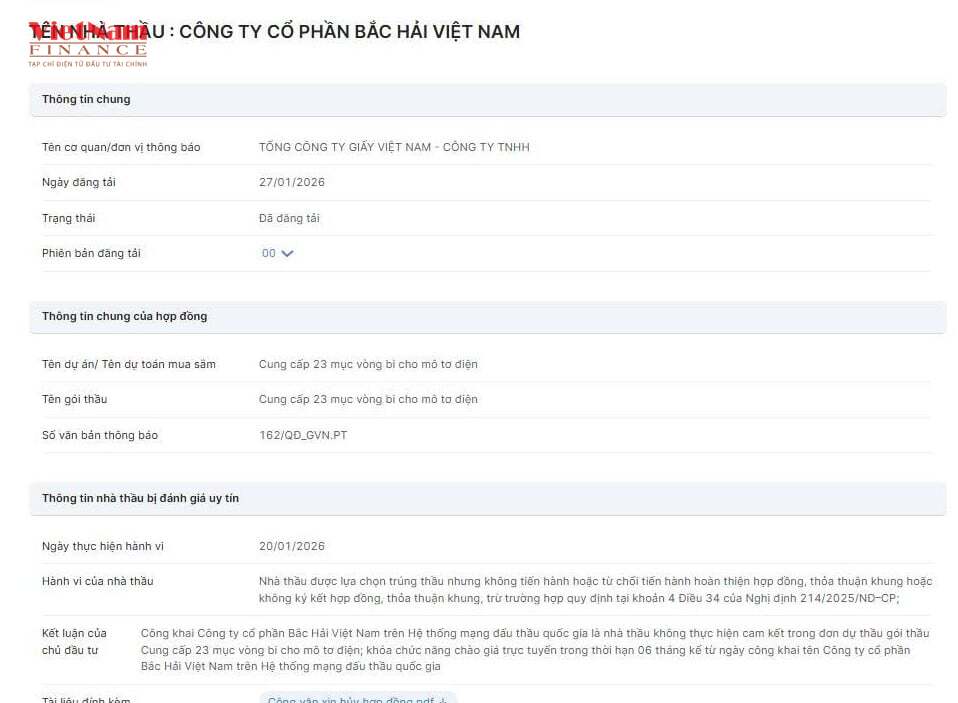 C&ocirc;ng ty cổ phần Bắc Hải Việt Nam bị c&ocirc;ng khai &ldquo;bội t&iacute;n&rdquo; được đăng tải tr&ecirc;n Hệ thống mạng đấu thầu quốc gia (Ảnh chụp m&agrave;n h&igrave;nh)