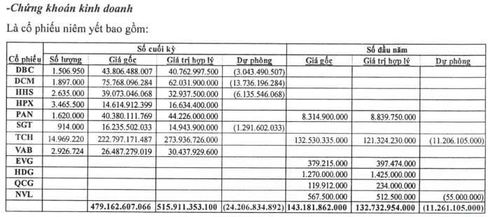 Danh mục đầu tư chứng kho&aacute;n của Lideco