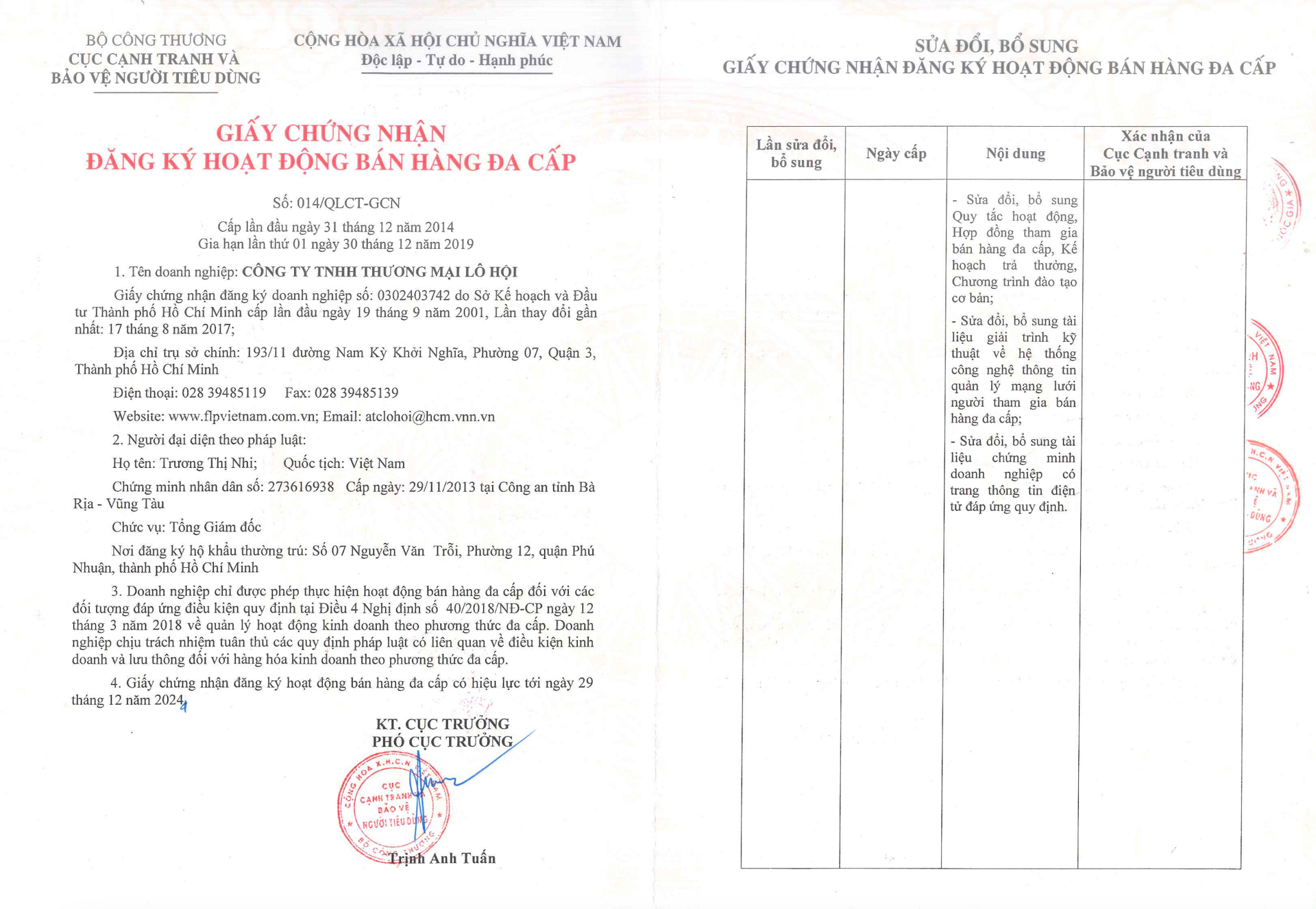 Giấy chứng nhận đăng k&yacute; hoạt động b&aacute;n h&agrave;ng đa cấp của C&ocirc;ng ty Thương mại L&ocirc; Hội quy định c&oacute; hiệu lực đến 29/12/2024.