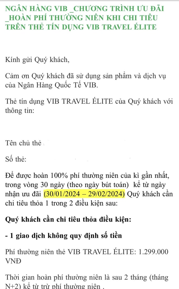Sau khi c&oacute; th&ocirc;ng tin PV gửi về việc kh&aacute;ch h&agrave;ng phản &aacute;nh thẻ t&iacute;n dụng VIB Travel &Eacute;lite, chị M. đ&atilde; được gửi thư ho&agrave;n tiền ph&iacute; k&egrave;m điều kiện