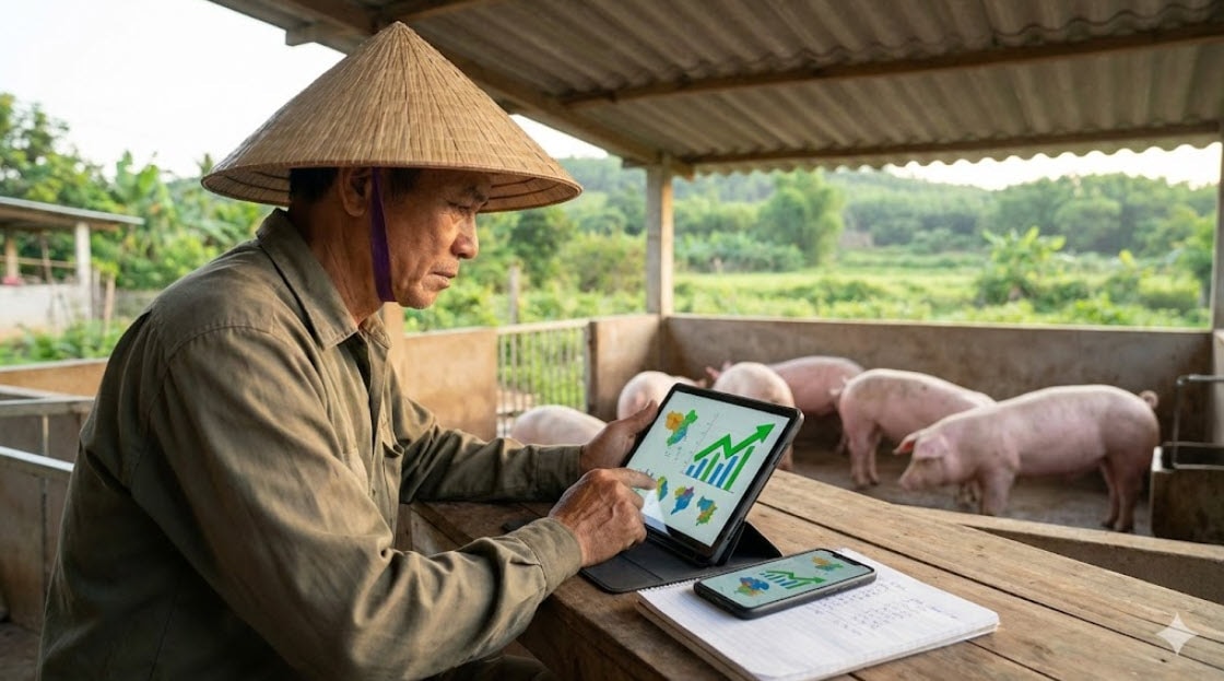 Người chăn nu&ocirc;i theo d&otilde;i biến động gi&aacute; heo hơi tại c&aacute;c địa phương trong bối cảnh thị trường duy tr&igrave; mặt bằng gi&aacute; cao - Ảnh minh họa