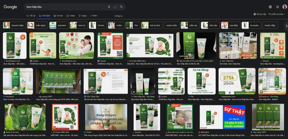 Kh&ocirc;ng kh&oacute; để t&igrave;m thấy c&aacute;c website v&agrave; đường link đang quảng c&aacute;o v&agrave; b&aacute;n sản phẩm kem Diệp Bảo nghi vấn chứa lượng ch&igrave; cao được t&igrave;m thấy tr&ecirc;n mạng Internet.&nbsp;