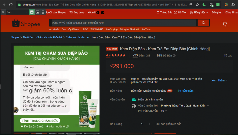 Một gian h&agrave;ng tr&ecirc;n Shopee đang b&aacute;n sản phẩm Kem Diệp bảo trị ch&agrave;m sữa với gi&aacute; b&aacute;n 291.000 đồng với&nbsp;hơn 900 lượt b&aacute;n