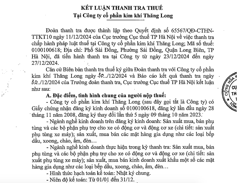 Kết luận thanh tra thuế tại C&ocirc;ng ty cổ phần Kim kh&iacute; Thăng Long