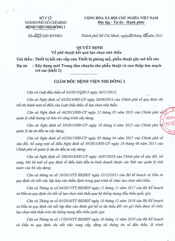 Quyết định ph&ecirc; duyệt kết quả lựa chọn nh&agrave; thầu G&oacute;i thầu: Thiết bị hồi sức cấp cứu Thiết bị ph&ograve;ng mổ, phẫu thuật g&acirc;y m&ecirc; hồi sức Thuộc dự &aacute;n: X&acirc;y dựng mới Trung t&acirc;m chuy&ecirc;n s&acirc;u phẫu thuật v&agrave; can thiệp tim mạch trẻ em (khối 2)