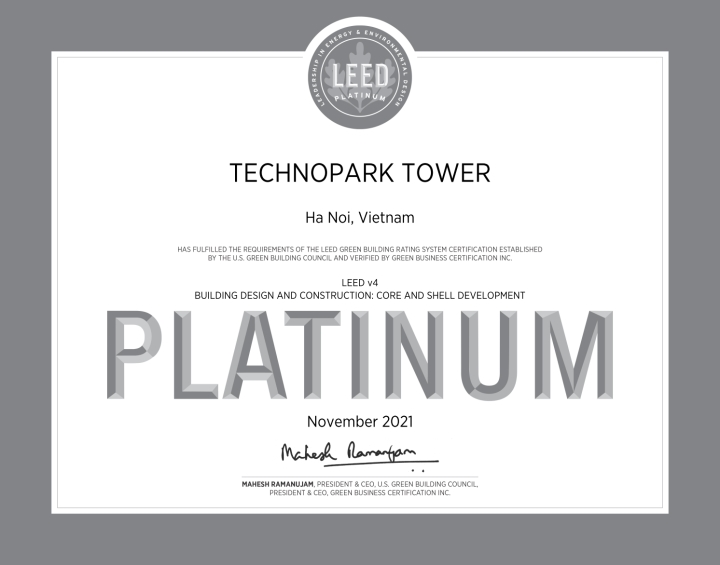 TechnoPark Tower đạt chứng nhận LEED Platinum v4 về m&ocirc;i trường xanh.