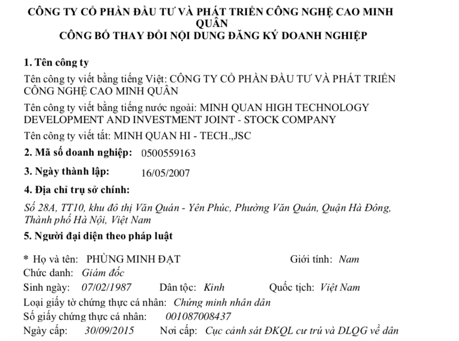 C&ocirc;ng ty cổ phần Tập đo&agrave;n Nam H&agrave; Nội tiền th&acirc;n l&agrave; C&ocirc;ng ty cổ phần Đầu tư ph&aacute;t triển c&ocirc;ng nghệ cao Minh Qu&acirc;n