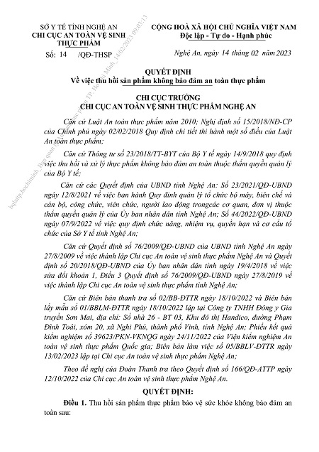 Quyết định thu hồi sản phẩm bảo vệ sức khỏe Thảo mộc Sơn Mai của Chi cục An to&agrave;n Vệ sinh Thực phẩm Nghệ An.