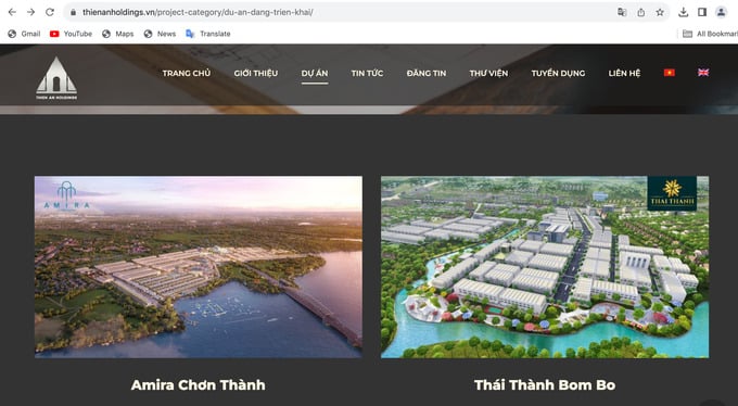 Một số dự &aacute;n m&agrave; C&ocirc;ng ty Cổ phần Tập đo&agrave;n Bất động sản Thi&ecirc;n An Holdings đang l&agrave; đơn vị ph&aacute;t triển (ảnh chụp m&agrave;n h&igrave;nh).