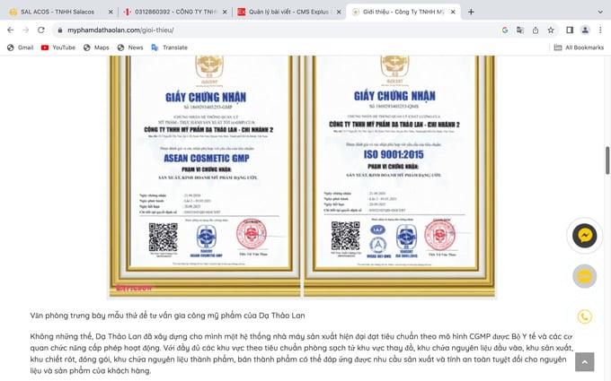 C&ocirc;ng ty TNHH Mỹ phẩm Dạ Thảo Lan giới thiệu tại website: myphamdathaolan.com rằng: đ&atilde; x&acirc;y dựng cho m&igrave;nh một hệ thống nh&agrave; m&aacute;y sản xuất hiện đại&nbsp;đạt ti&ecirc;u chuẩn theo m&ocirc; h&igrave;nh CGMP được Bộ Y tế v&agrave; c&aacute;c cơ quan chức năng cấp ph&eacute;p hoạt động (ảnh chụp m&agrave;n h&igrave;nh)