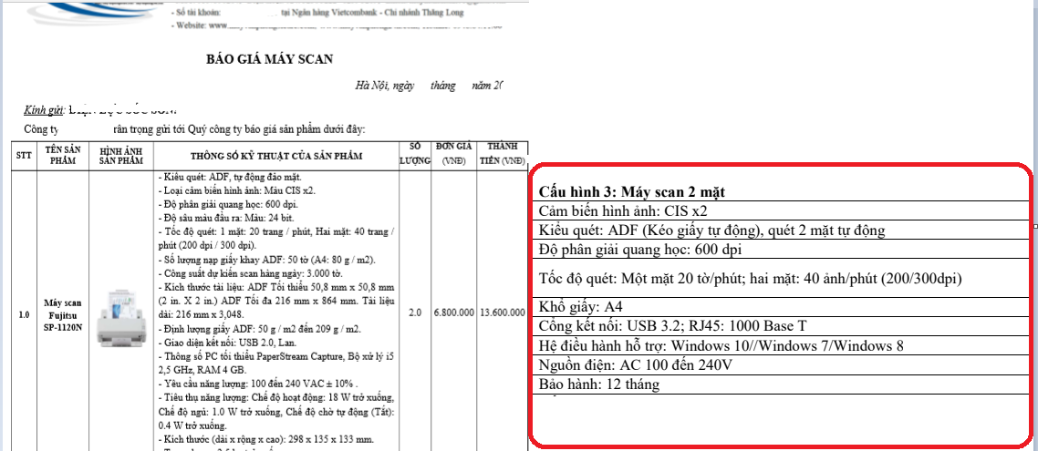 Phần ảnh khoanh đỏ (b&ecirc;n phải) l&agrave; y&ecirc;u cầu của m&aacute;y scan 2 mặt Fujitsu SP-1120N được n&ecirc;u tại E-SSMT, ảnh b&ecirc;n tr&aacute;i l&agrave; một phần b&aacute;o gi&aacute; ph&oacute;ng vi&ecirc;n nhận được.