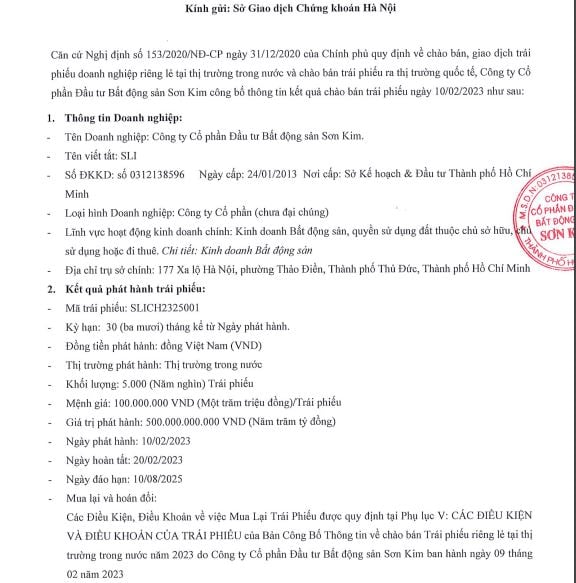 L&ocirc; tr&aacute;i phiếu của c&ocirc;ng ty th&agrave;nh vi&ecirc;n Sơn Kim Land (nguồn: HNX)