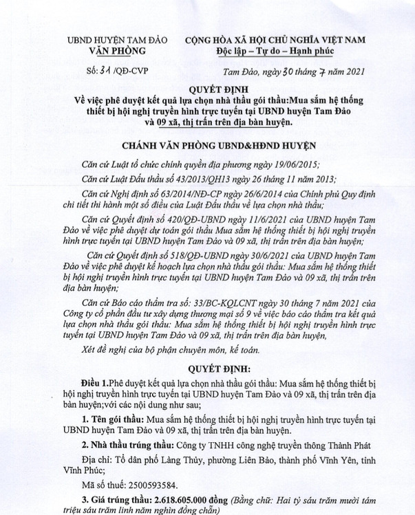 Quyết định về việc ph&ecirc; duyệt kết qủa lựa chọn nh&agrave; thầu: Mua sắm hệ thống thiết bị hội nghị truyền h&igrave;nh trực tuyến tại UBND huyện Tam Đảo v&agrave; 09 x&atilde;, thị trấn tr&ecirc;n địa b&agrave;n huyện