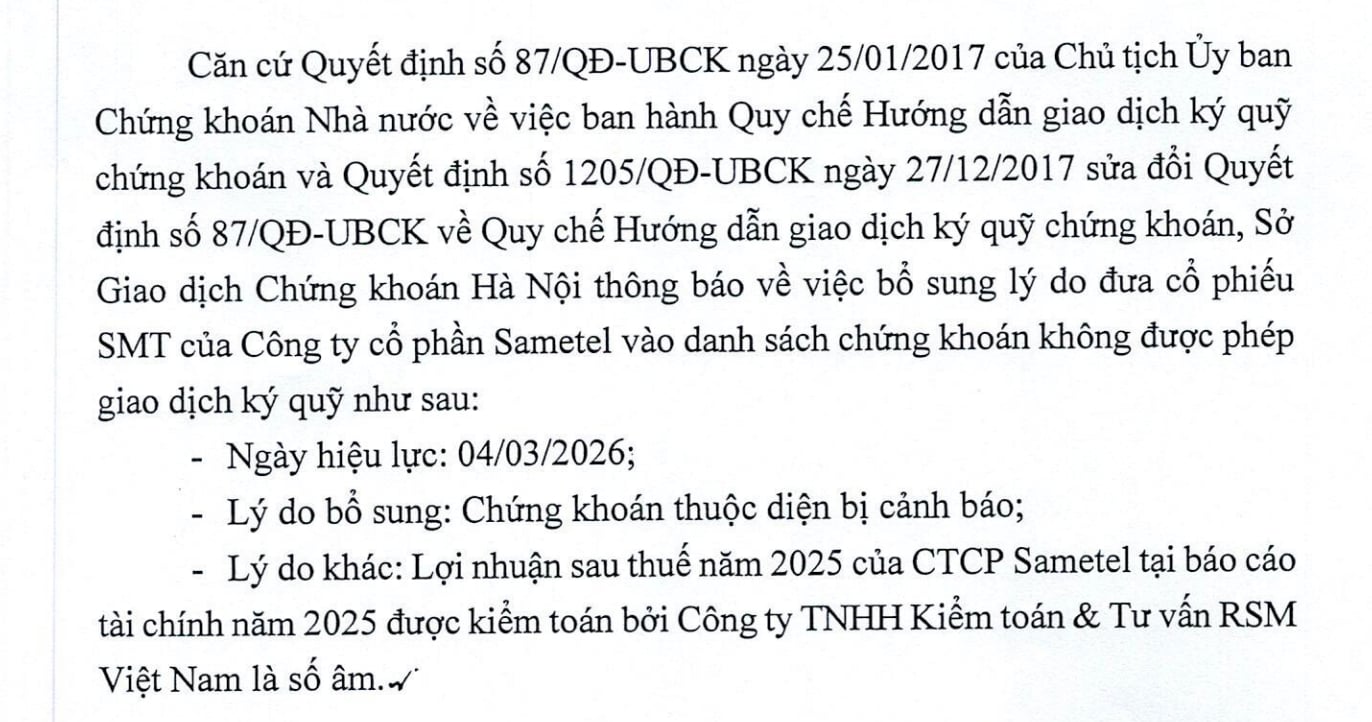 Cổ phiếu SMT bị cảnh b&aacute;o v&agrave; loại khỏi danh s&aacute;ch được ph&eacute;p giao dịch k&yacute; quỹ.