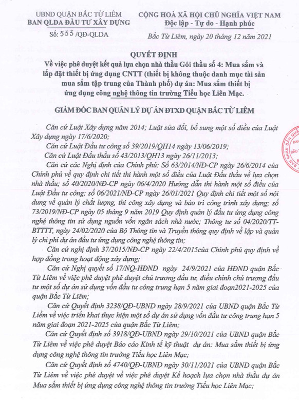 G&oacute;i thầu số 4: Mua sắm v&agrave; lắp đặt thiết bị ứng dụng CNTT (thiết bị kh&ocirc;ng thuộc danh mục t&agrave;i sản mua sắm tập trung của Th&agrave;nh phố) dự &aacute;n: Mua sắm thiết bị ứng dụng c&ocirc;ng nghệ th&ocirc;ng tin trường Tiểu học Li&ecirc;m Mạc