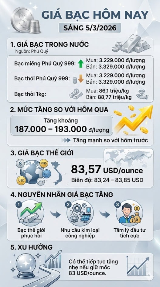 Giá bạc hôm nay 5/3/2026: Thị trường đảo chiều tăng theo đà thế giới - Ảnh 1