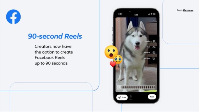 C&aacute;c video ngắn (Reels) tr&ecirc;n Facebook được tăng thời lượng từ 60 gi&acirc;y l&ecirc;n 90 gi&acirc;y. Ảnh: Meta