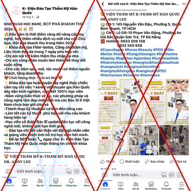 Th&ocirc;ng tin quảng c&aacute;o tr&aacute;i ph&eacute;p của K - Viện đ&agrave;o tạo thẩm mỹ H&agrave;n Quốc c&oacute; t&ecirc;n b&aacute;c sĩ Andy Lee tại địa chỉ 145 Nguyễn Văn Đậu, phường 5, quận B&igrave;nh Thạnh, Tp.HCM (ảnh Sở Y tế Tp.HCM)