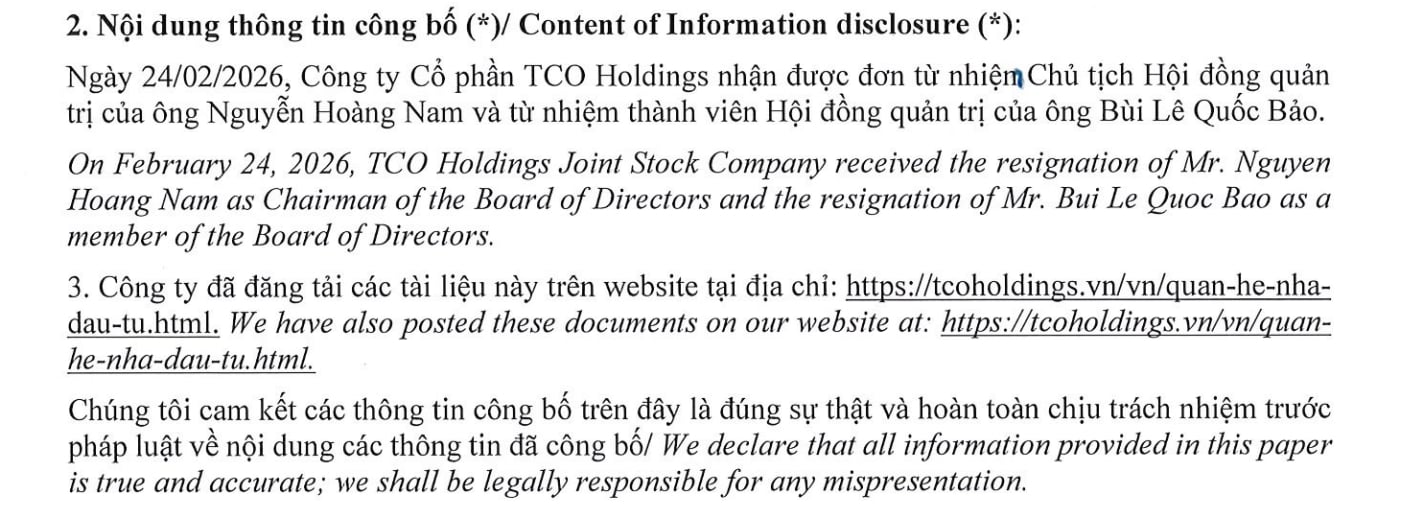 L&atilde;nh đạo thượng tầng r&uacute;t khỏi TCO Holdings.