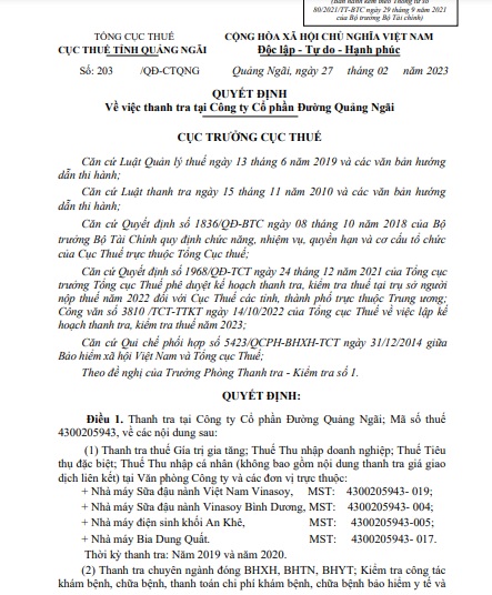 &nbsp;Một phần Quyết định thanh tra tại C&ocirc;ng ty Cổ phần Đường Quảng Ng&atilde;i. Ảnh: Tạp ch&iacute; điện tử kinh tế c&ocirc;ng nghệ.