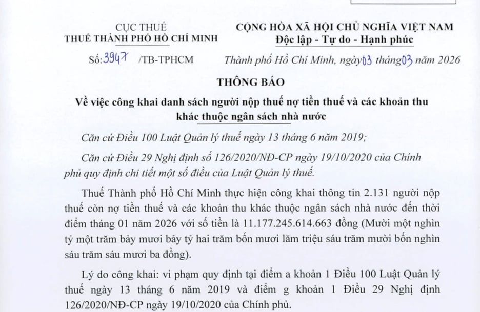 Thuế TP. HCM vừa c&ocirc;ng khai th&ocirc;ng tin 2.131 người nộp thuế nợ tiền thuế v&agrave; c&aacute;c khoản thu kh&aacute;c thuộc ng&acirc;n s&aacute;ch nh&agrave; nước.