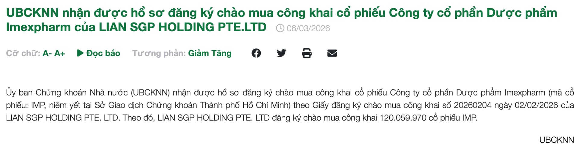 UBCKNN đ&atilde; tiếp nhận hồ sơ đăng k&yacute; ch&agrave;o mua c&ocirc;ng khai cổ phiếu IMP từ&nbsp;Lian SGP Holding Pte. Ltd.