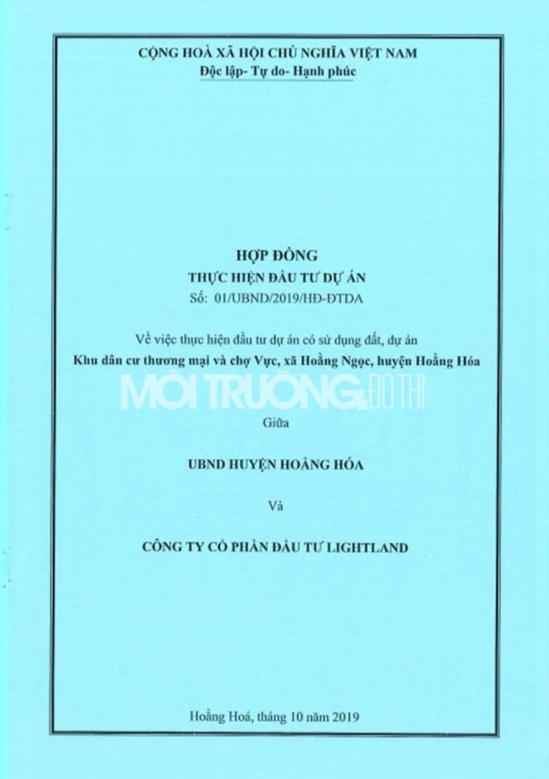Hợp đồng thực hiện đầu tư dự &aacute;n Khu d&acirc;n cư thương mại v&agrave; chợ Vực giữa UBND huyện Hoằng H&oacute;a v&agrave; C&ocirc;ng ty Lightland &nbsp;